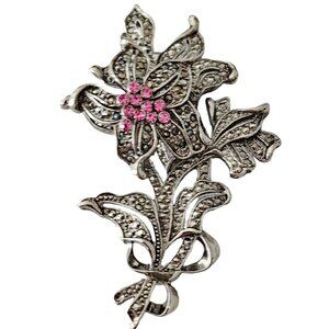1928 Brand Silver Tone Pink Rhinestone, Marcasite Flower Trembler Brooch L268